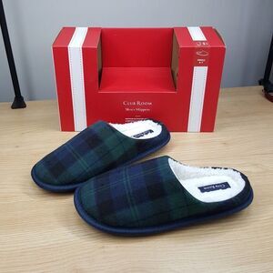 CLUB ROOM Mens Slide Slippers Size 6 - 7 Blue Plaid Sherpa Lined Plush Comfort